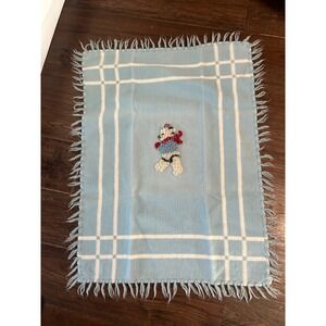 Vtg Baby Pepperell Tufted Baby Blanket Blue Plaid Polar Bear Embroidery 26x35